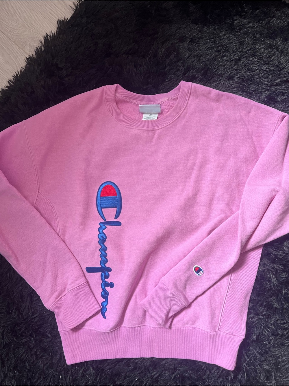 Champion Pink Crew Sweatshirt with Blue & Red Logo